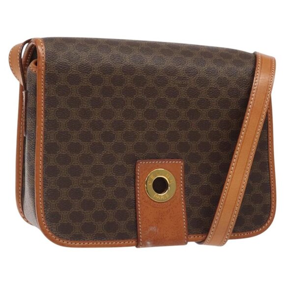 CELINE Macadam Canvas Shoulder Bag PVC Leather Brown Gold Auth 126619 - Picture 1 of 16